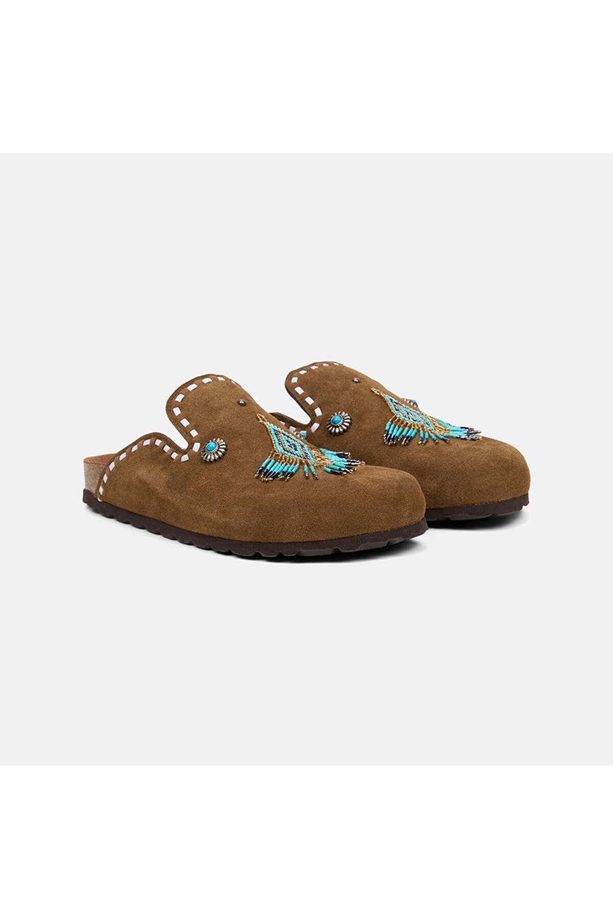 Women's Coffee Ethnic Patterned Bead Detailed Suede Sabo Slippers
