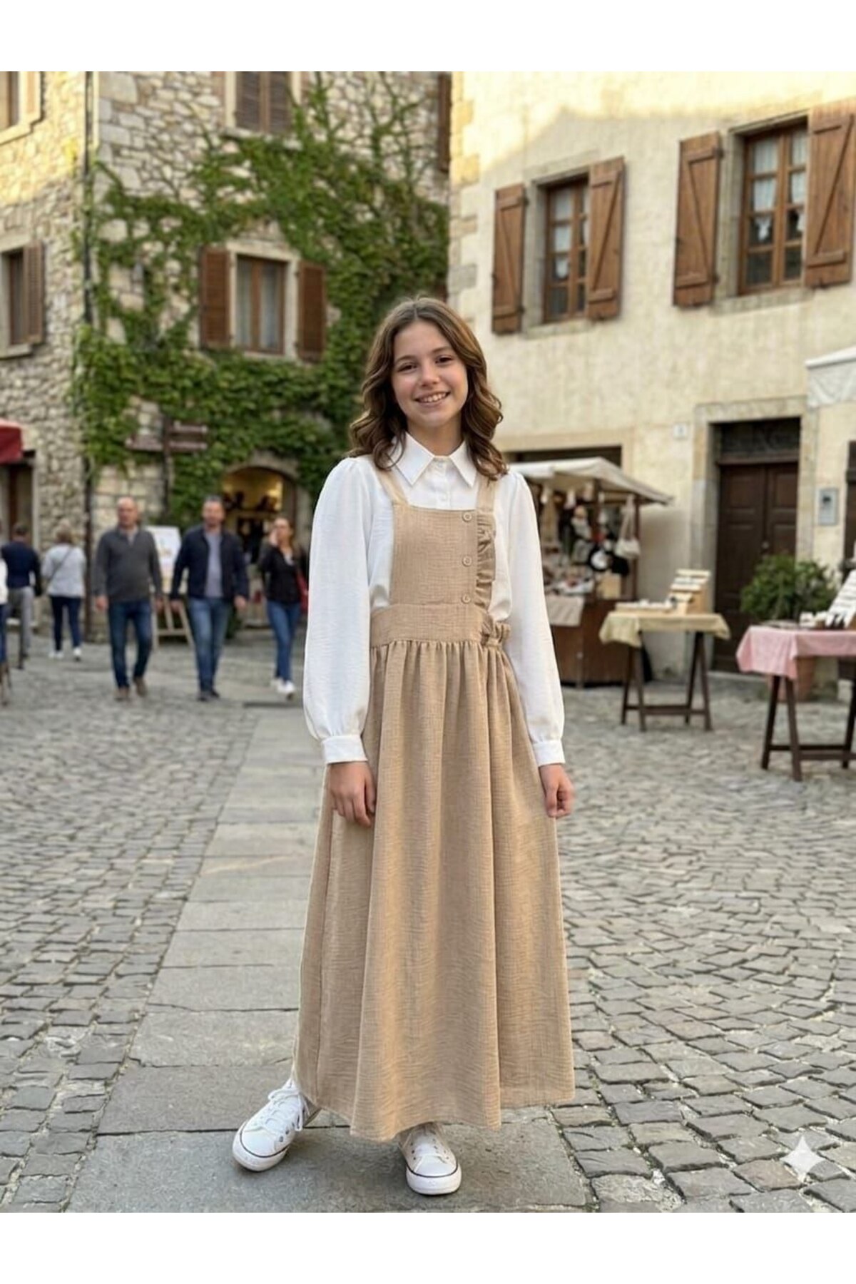 ASALEA Girl's Strappy Long Dress – Jile Model, Retro and Stylish Combination (First Item, Dress & Shirt)