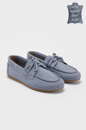 BonuStep Dusty Loafer Kadın Füme Mavi Hakiki Süet Kaymaz Termotaban Loafer Ay...
