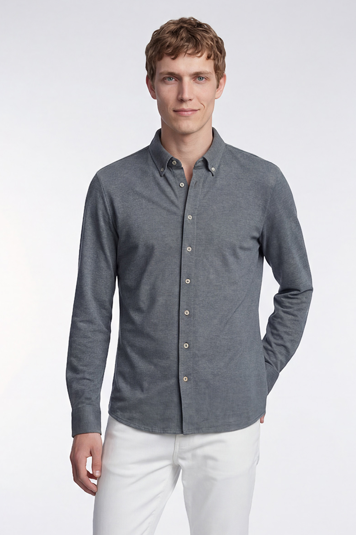 Men's Indigo Cotton Tailored Slim Fit Slim Fit Button Neck Knitted Shirt