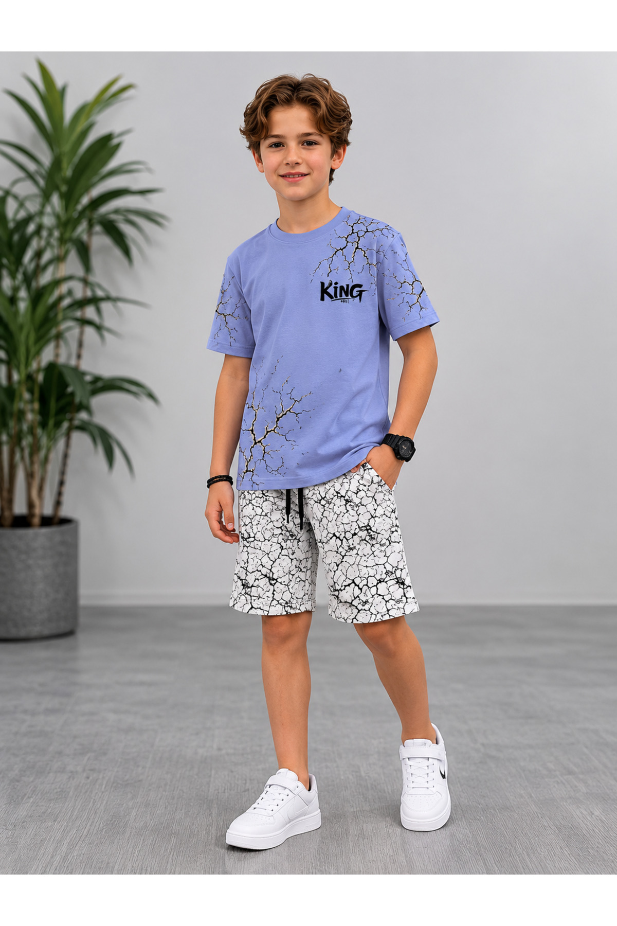 King Printed Boy Crack Pattern Oversize Set with Shorts
