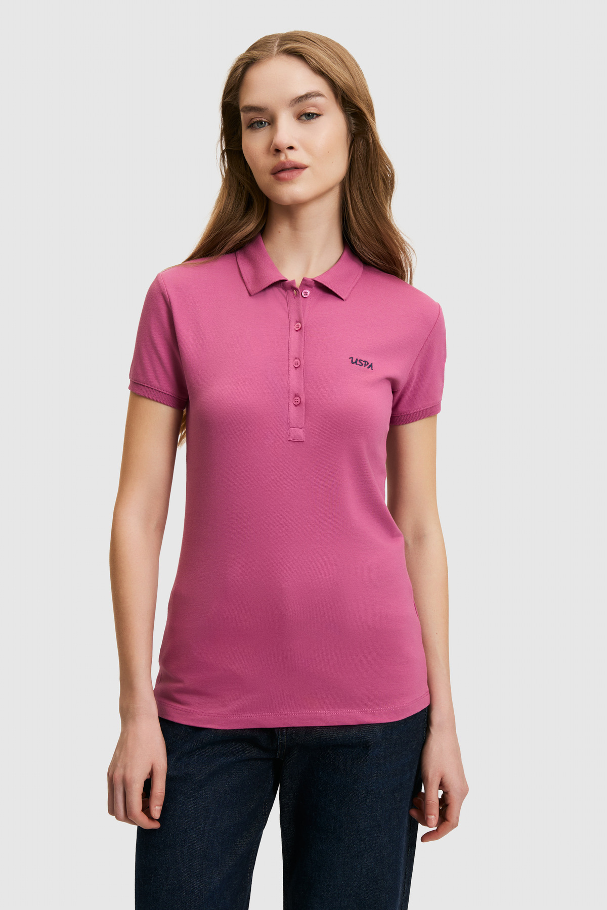 U.S. Polo Assn. Tricou de bază cu guler polo fucsia pentru femei 50323461-VR023