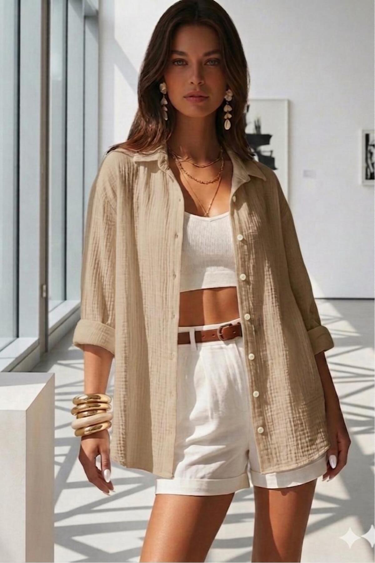 CAST COLLECTİON Kadın Bej Bürümcük Kumaş Oversize Gömlek