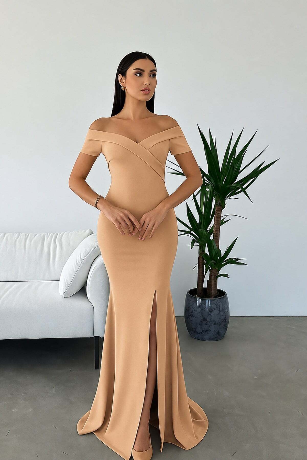 Beige Crepe Fabric Short Sleeve Boat Neck Slit Detail Maxi Size Evening Dress