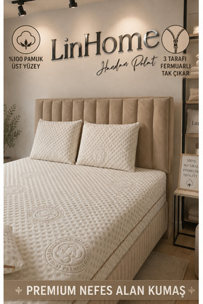 lin home handan polat Natural 2'li Yastık Kılıfı+3 Tarafı Fermuarlı Yatak Kıl...