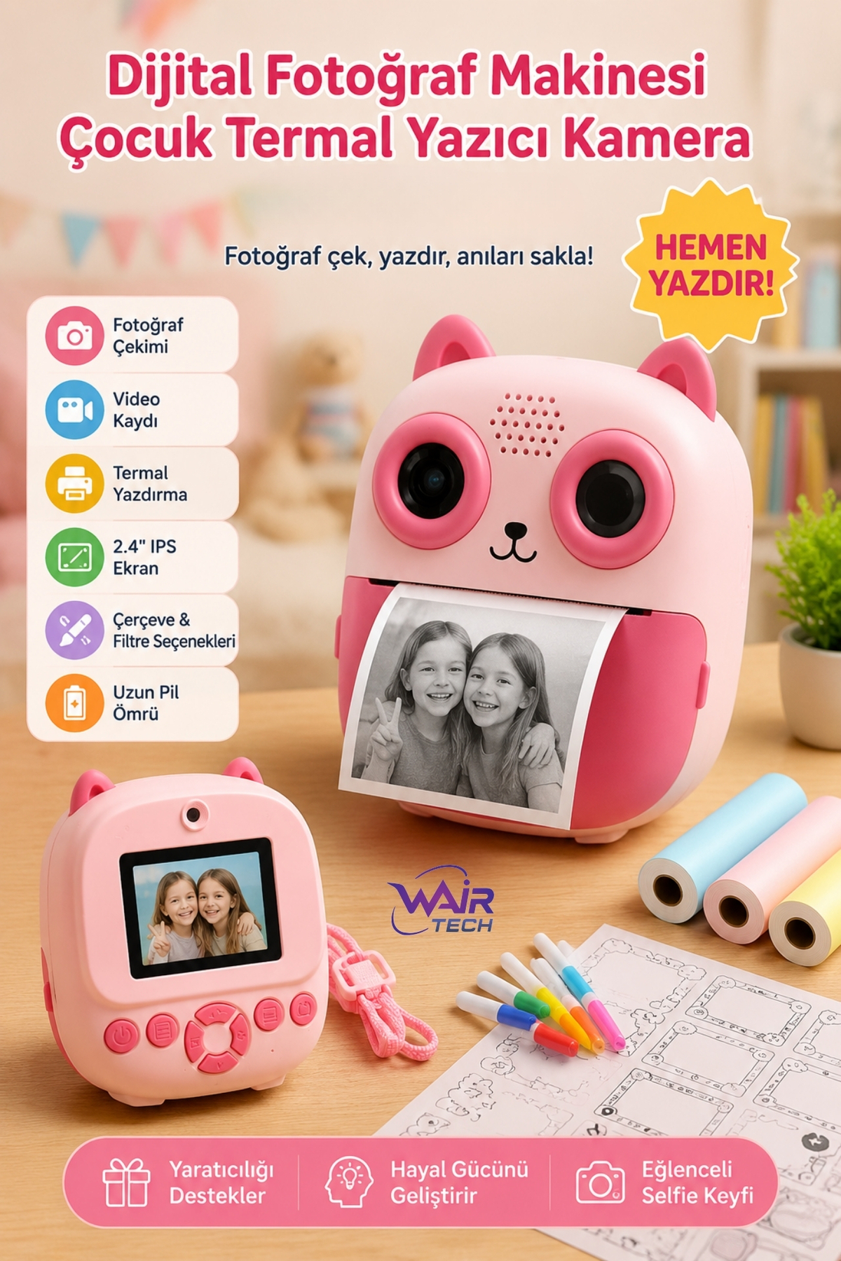 Wair Teknoloji Dijital Fotoğraf Makineleri Çocuk Termal Resim Baskılı Yazıcı Kamera Video Makinesi