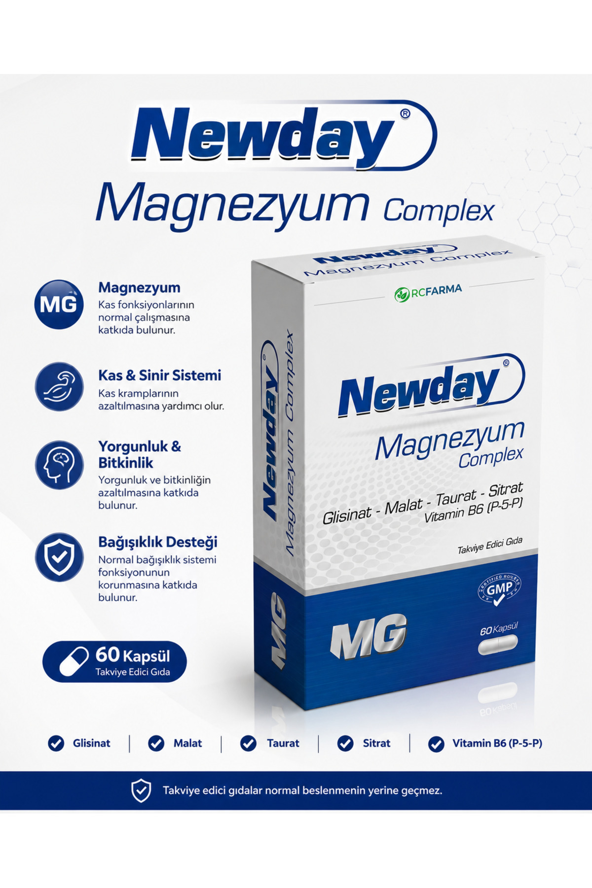 newday Magnezyum Complex 60 Kapsül | Bisglisinat, Malat, Taurat