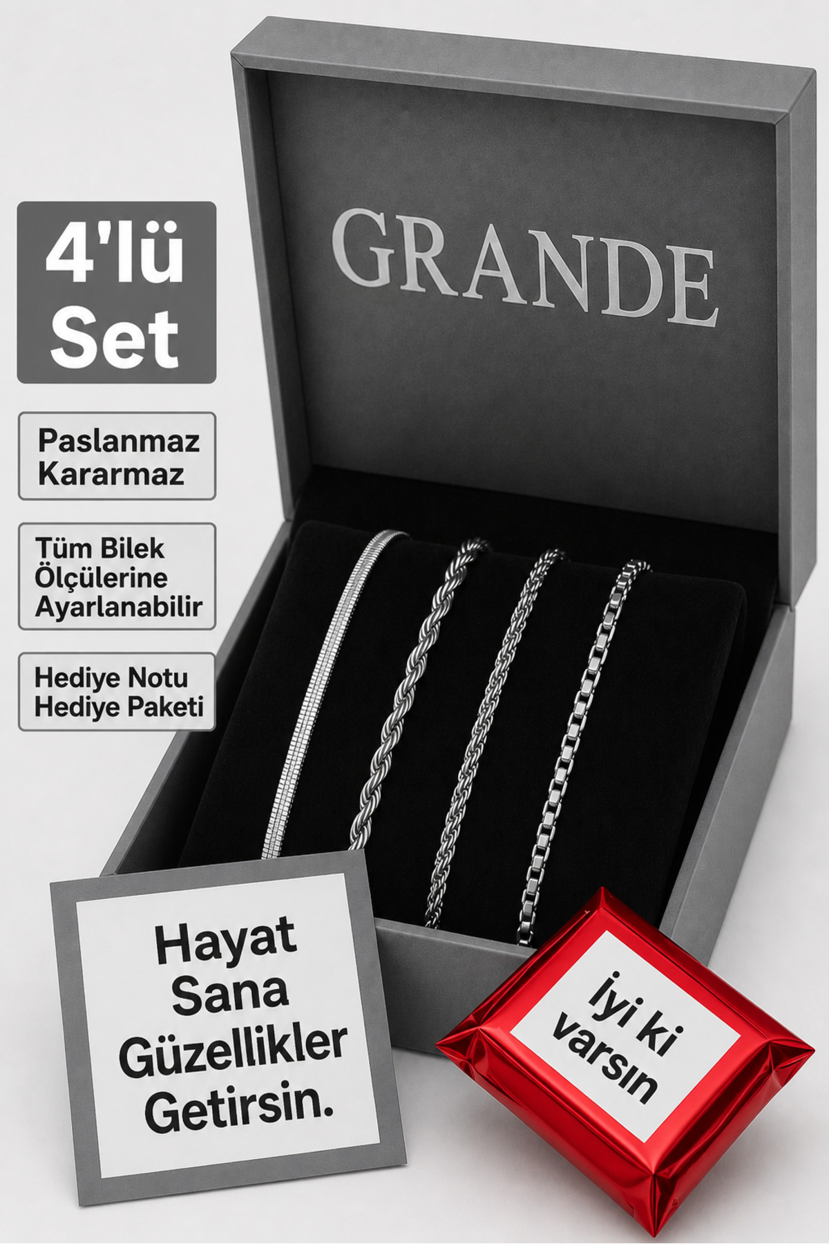 GrandeAccessory 4’lü Çelik Bileklik Seti Unisex, Ayarlanabilir Paslanmaz Kararmaz Bileklik