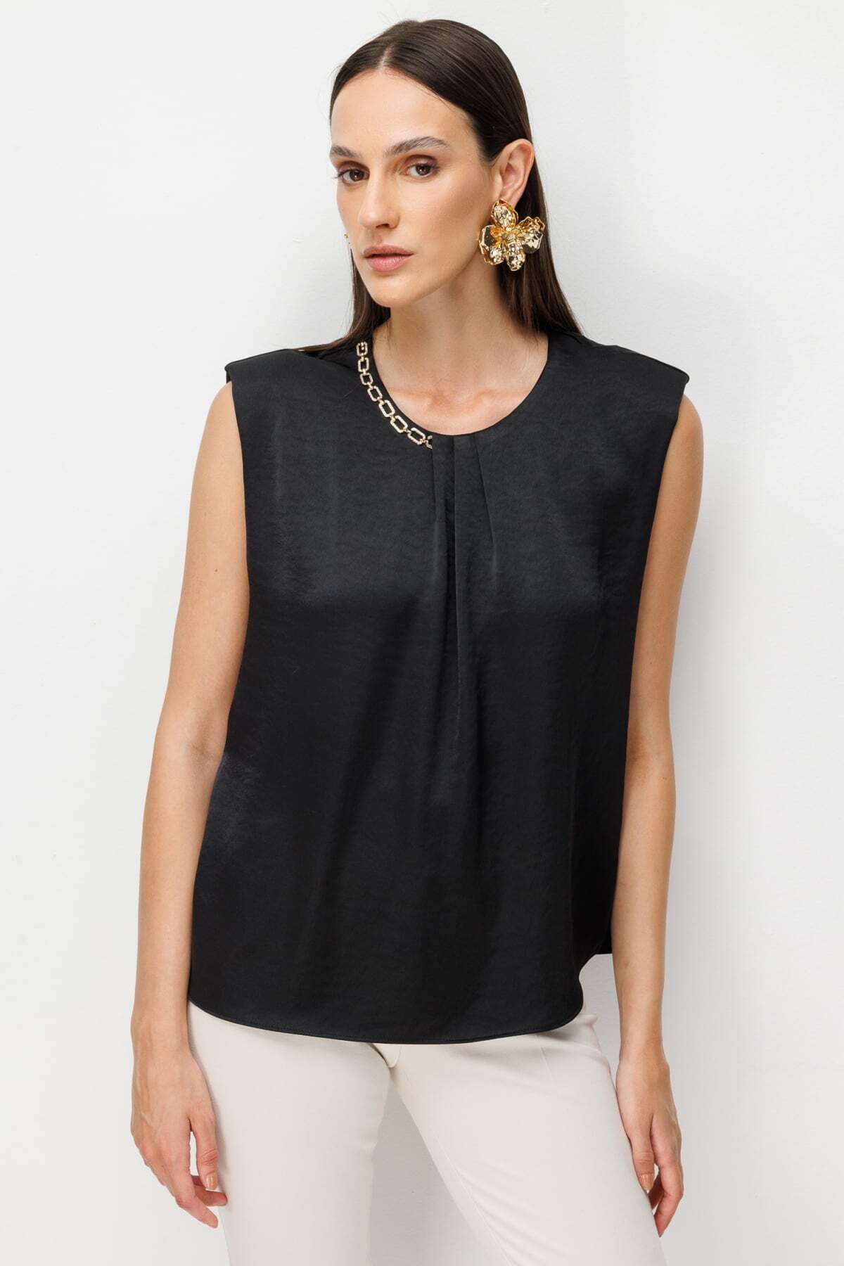 Drape Detailed Blouse with Chain Accessory