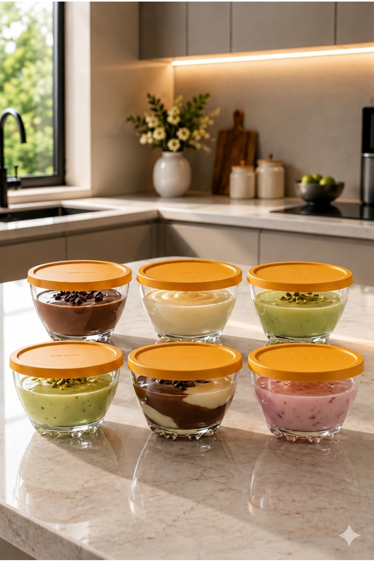 ZURİ DESİGN Set of 6 Pudding Bowls with Yellow Lids, Glass Dessert and Custard Bowls, 280 Cc