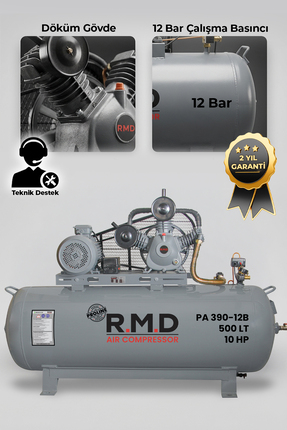 R.M.D Kompresör Pistonlu Hava Kompresörü 500 lt 3 Kafa 12 Bar 10 Hp I PA390I12B