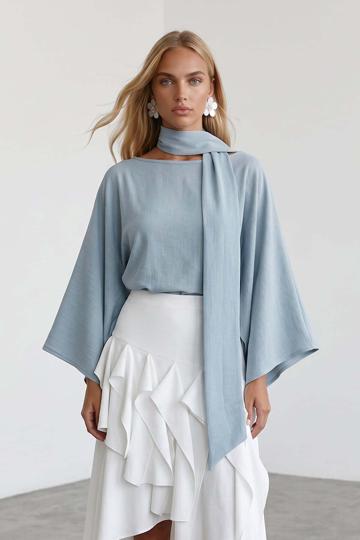 Women's Blue Boat Neck Woven Blouse with Scarf Detail ALC-X15517