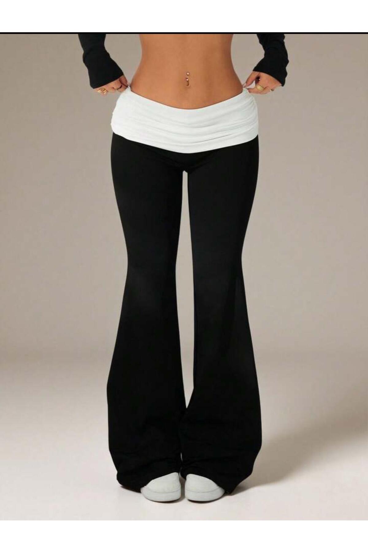 vanilkie Black Color Foldable Waist Elastic Flare Spanish Flare Panlalon, Waist Folded Leggings