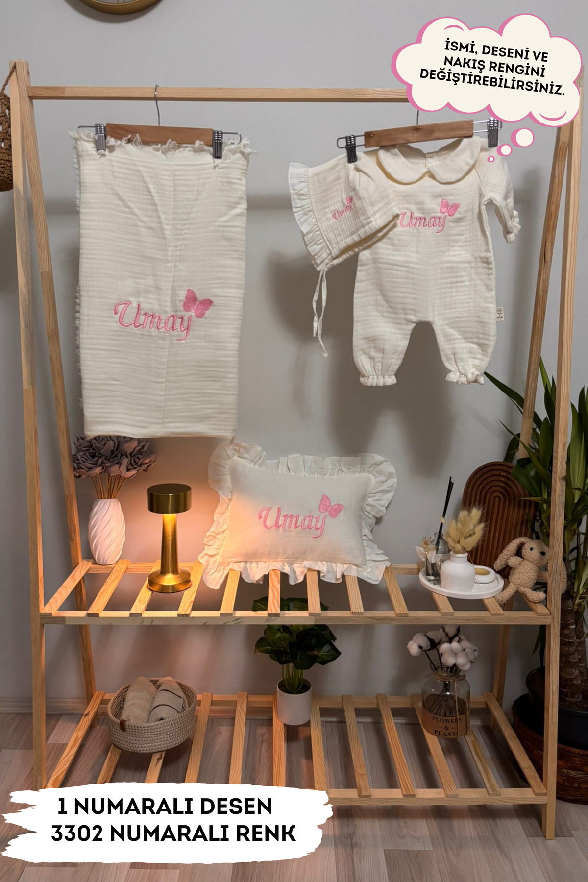 4-Layer Muslin Fabric Collared Jumpsuit 100%cotton Hospital Exit-souvenir(EMBROIDERY PATTERN WITH PERSONALIZED NAME)