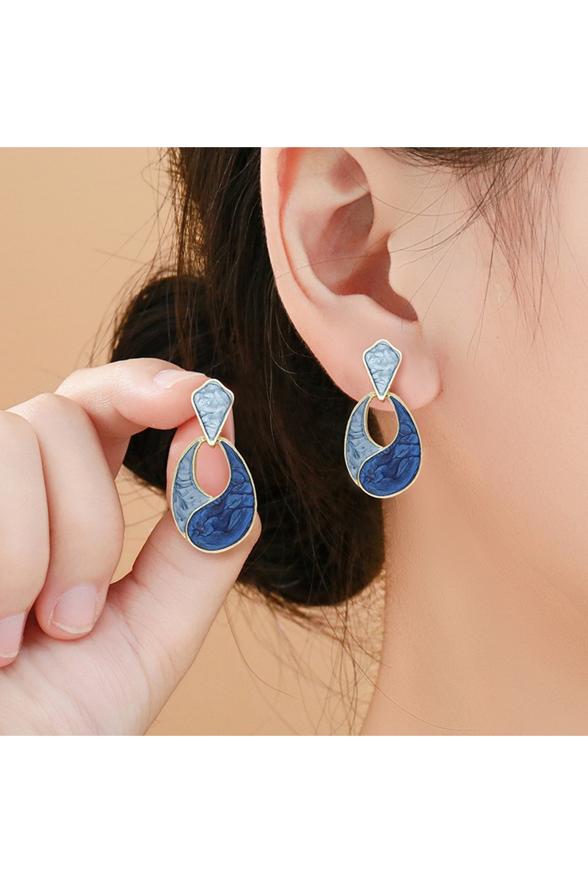 Women's Gold Plated Marble Patterned Blue Enamel Embroidered Drop Earrings Modern Design