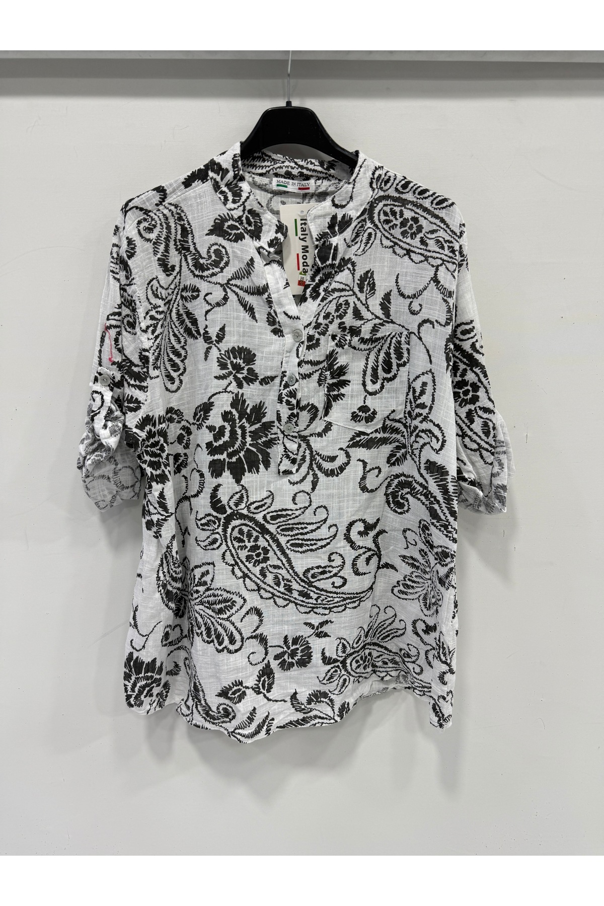 Women's White Italian Ethnic Shawl Pattern Dominant Collar Folding Poor Sleeve Blouse Size 40 - 44