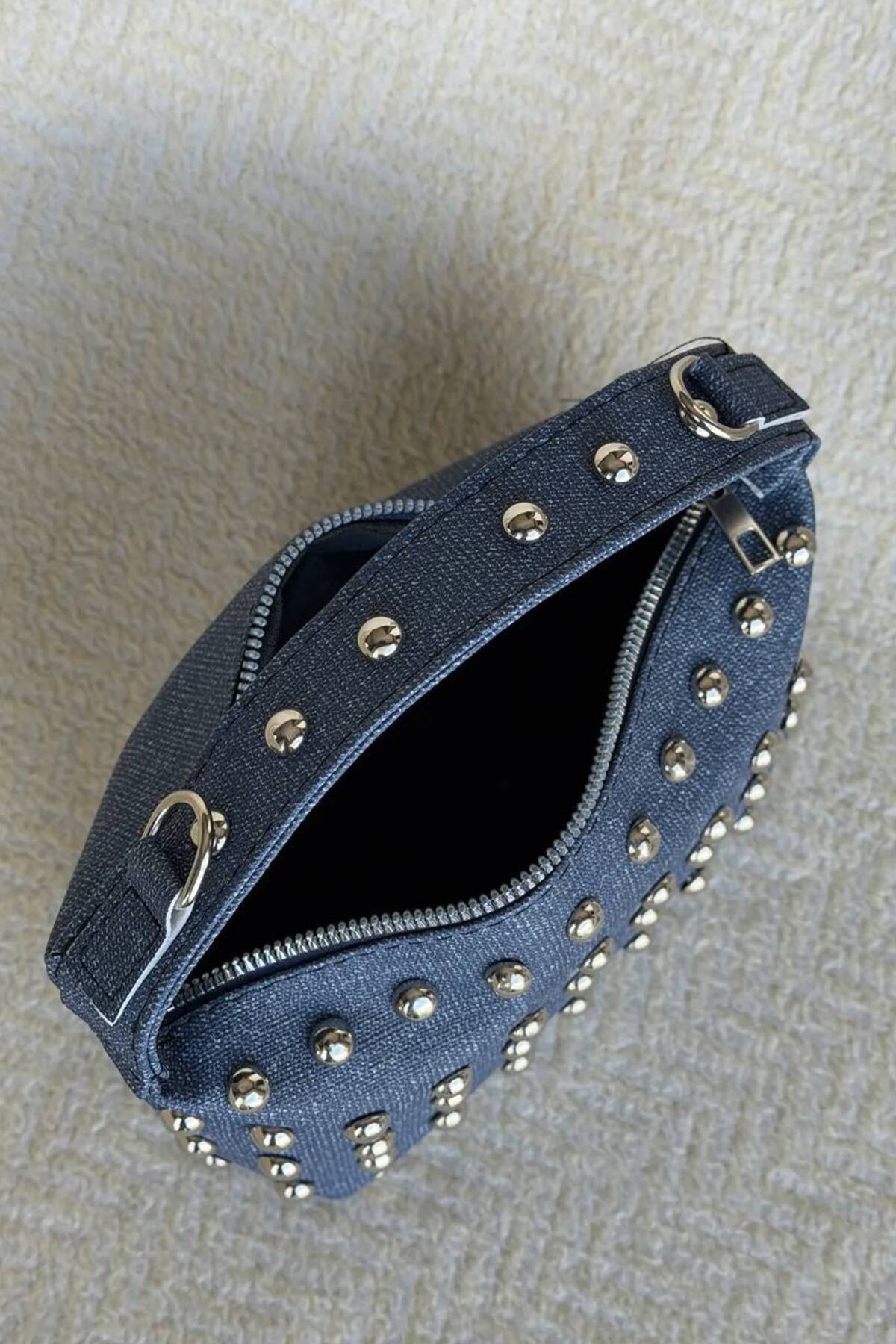 Dark Blue Denim AUİSSE Women's Stud-Detail Handbag and Shoulder Bag görünüm 4