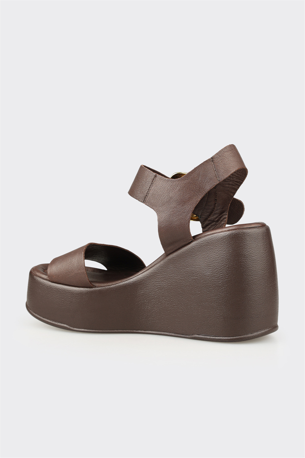 Elle Shoes Kahve Deri Kadın Dolgu Topuk Sandalet görsel 3
