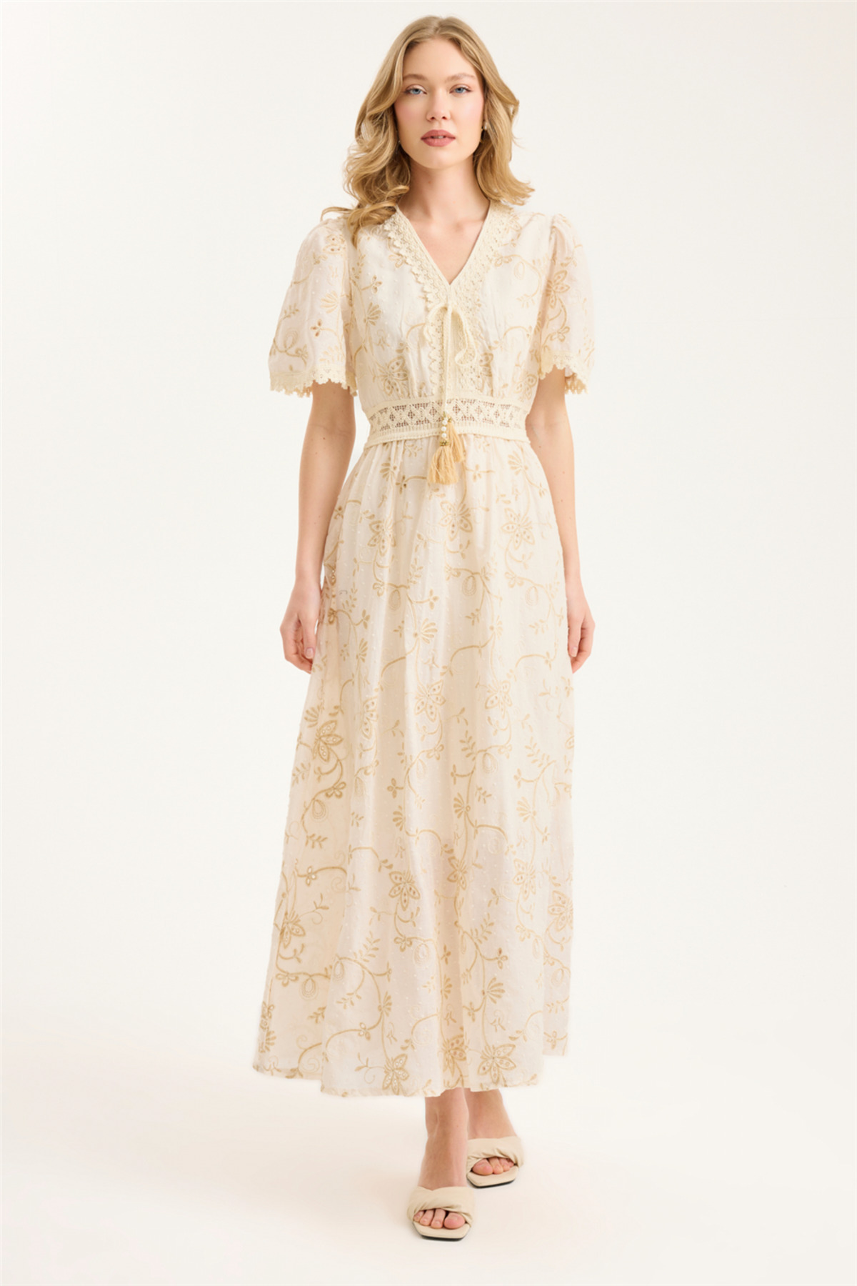 Home Store Long Scalloped Embroidery Motif Dress