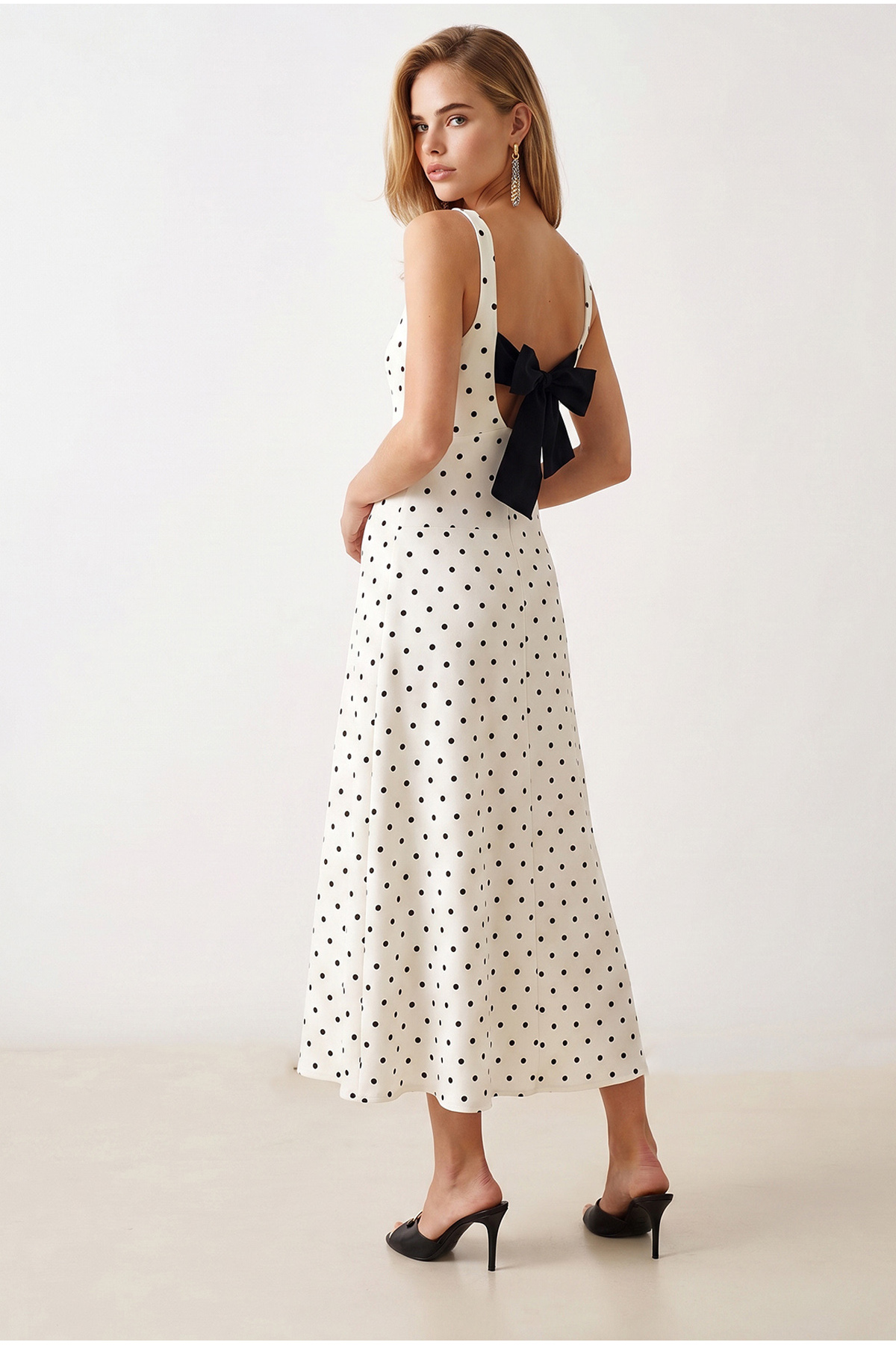 Olalook Women's White Dress with Bow Detail on the Back, Polka Dot Modal Dress Elb-19002655