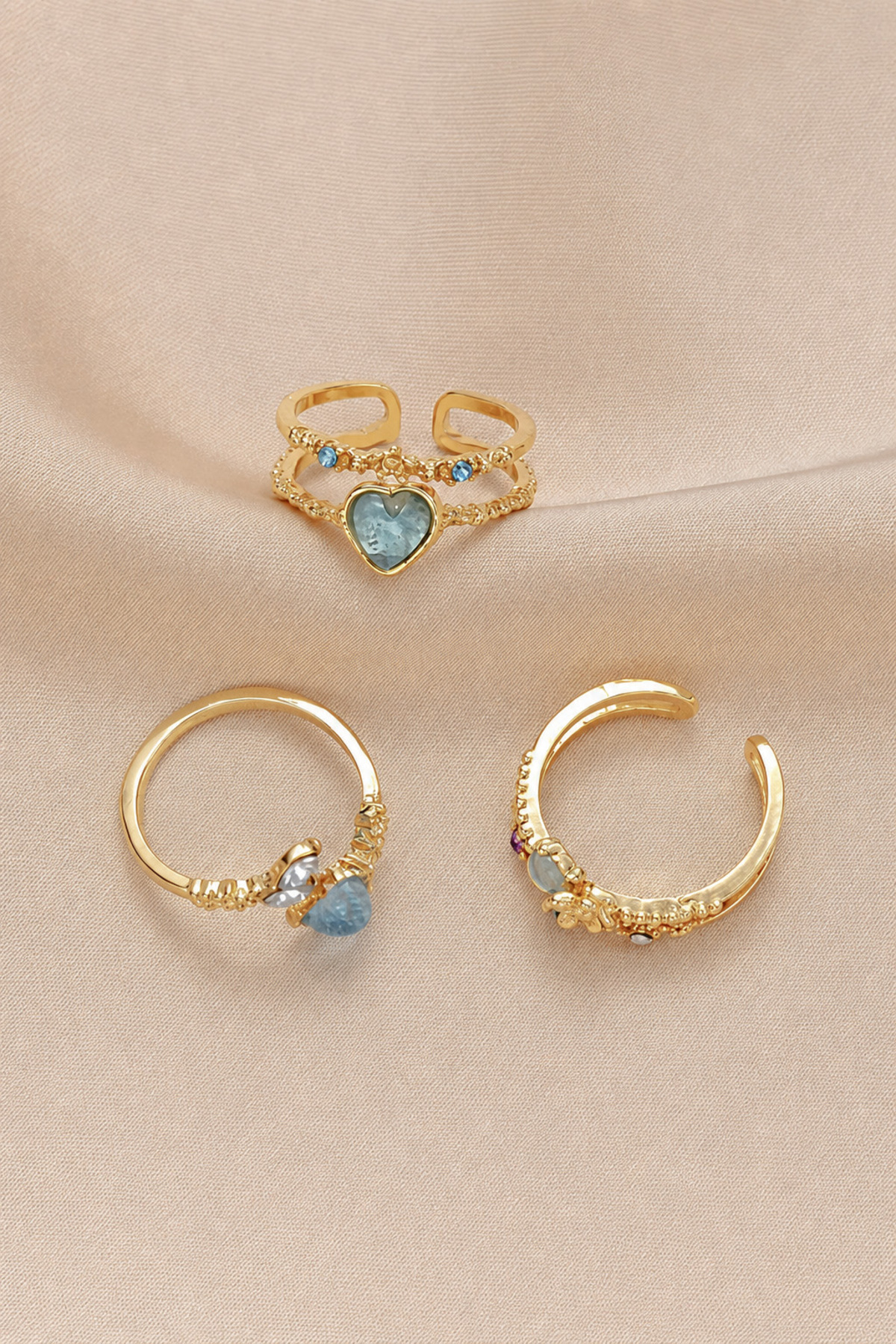 The Collection 3'lü Mavi Taşlı Kombin Ay yıldız kelebek Pinterest Tasarım Gold Yüzük Set görsel 2