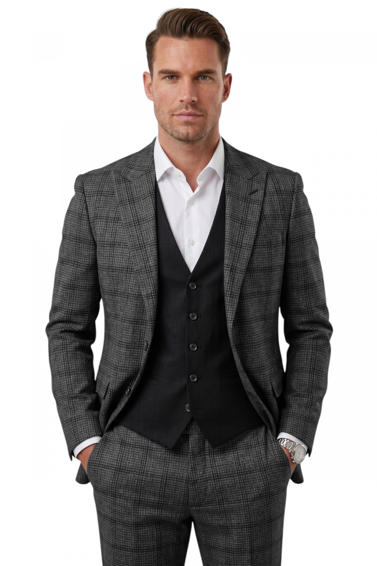 DeepSea Men's Anthracite Slim Fit Plaid 3-Piece Suit - Square Patterned Suit with Black Vest 2601589