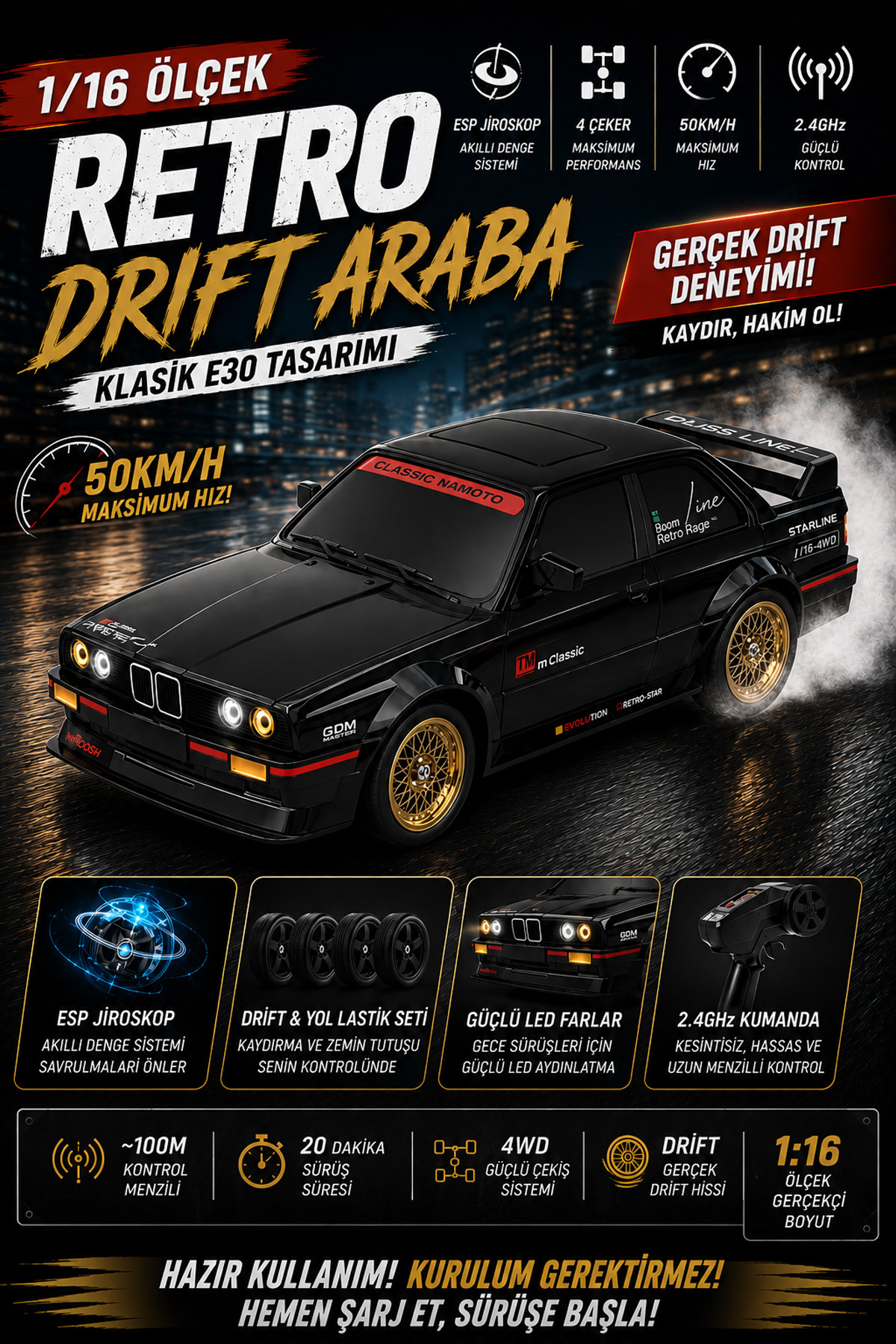 SCOWETTO 1/16 4WD 50 KM Hızlı E30 RC Drift Uzaktan Kumandalı Yedek