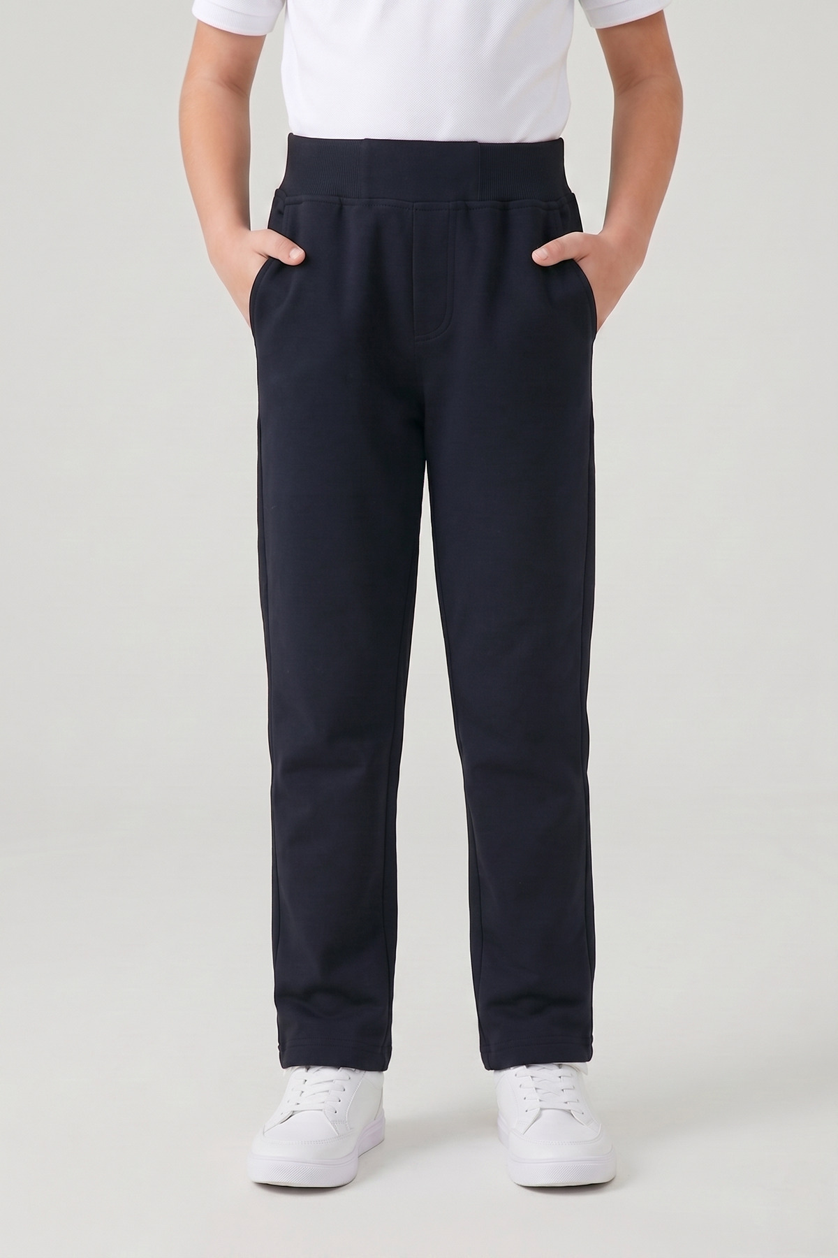 nacar çarşı Unisex Children's 2-Thread Seasonal Ribbed Waist Straight-Leg Compact Navy Blue Combed Cotton Trousers Sweatpants for School and Daily Use