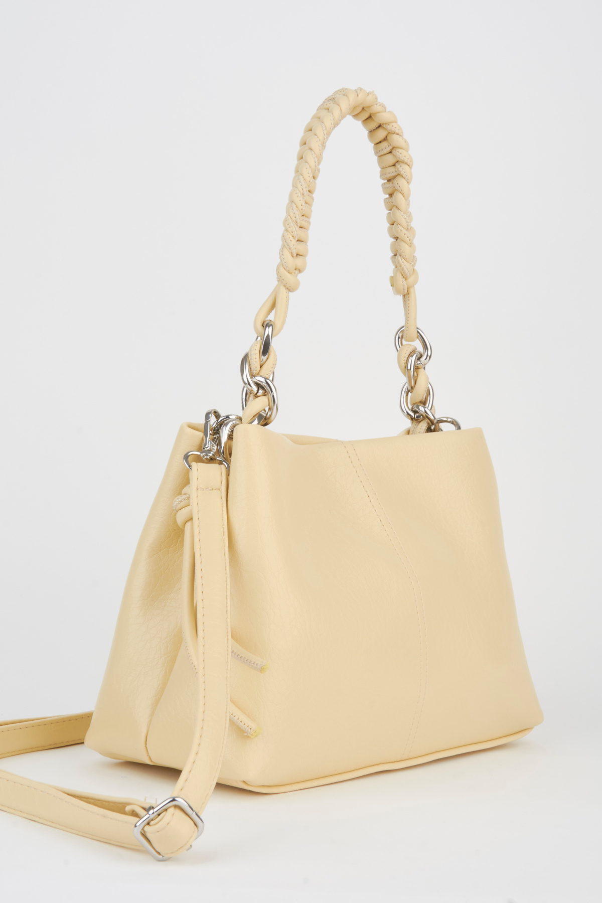 Women's Yellow Faux Leather Mesh Strap Lined Zipper Closure Hand Sleeve And Shoulder Bag