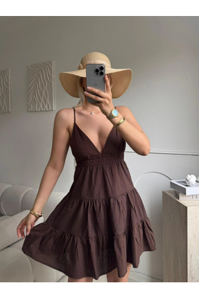 Zora Butik Sırt Bağlamalı Askılı Elbise - KAHVE