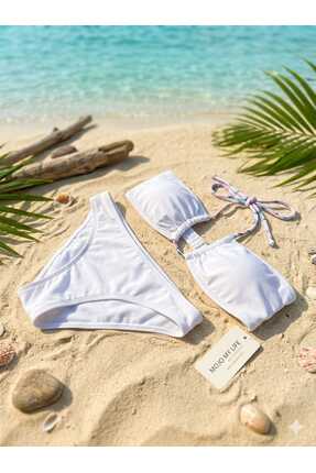 Mojomylife Beyaz Renkli İp Detaylı Straplez Bikini Takımı