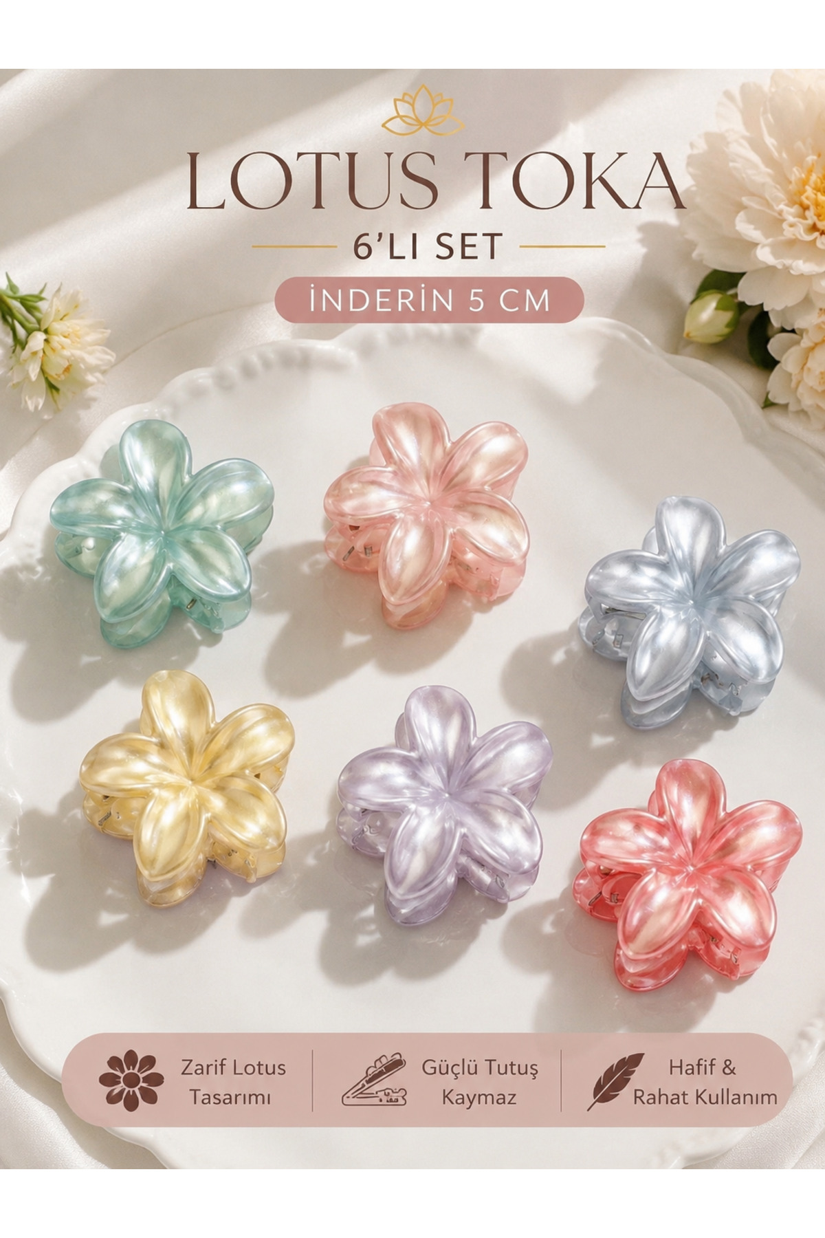 İnDerin 6 Lı Lotus Toka Orta Boy 5 cm Pastel Çiçek Mandal Toka görsel 2