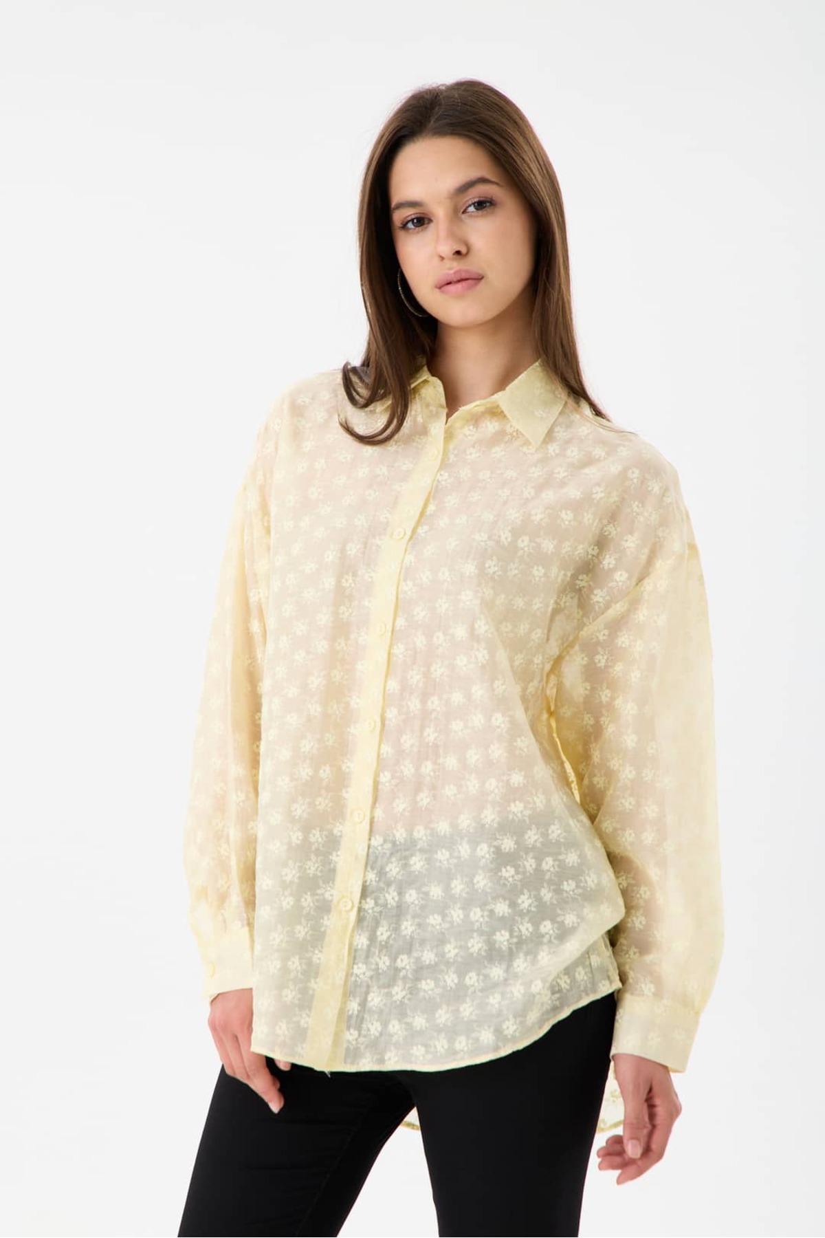 Reji Floral Patterned Oversize Transparent Shirt