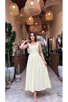 Moda Banuş Taş Baskılı A Kesim Bağcıklı Sarı Elbise-DAR KALIP