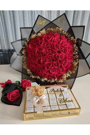 ASEL DİZAYN 41 güllü buket ve 80 çikolatalı kutu set anne gülü kahve yanı gül...