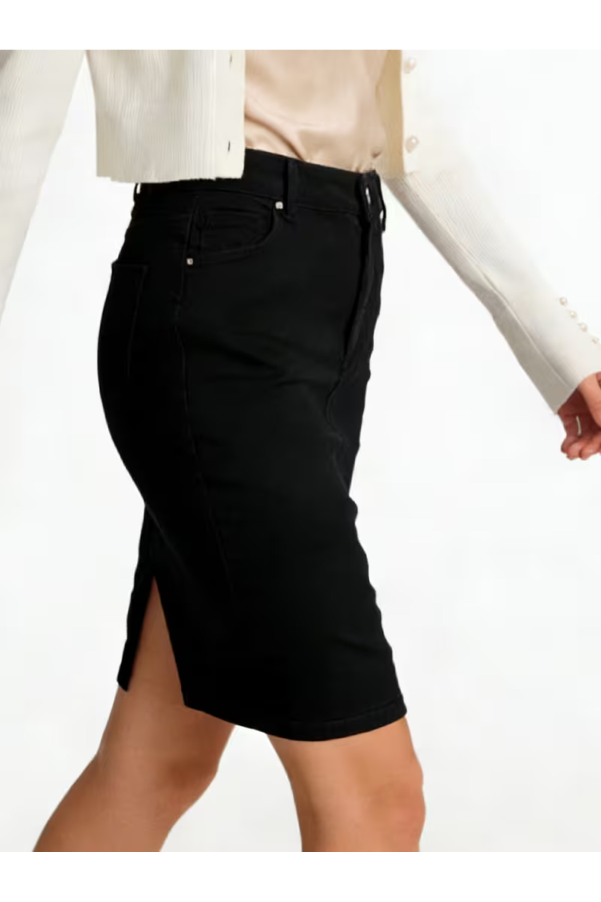 LAYAL MY BEAUTY Kadın Jeans Arka Yırtmaçlı Cepli Günlük Denim Kot Etek Yeni Sezon görsel 2