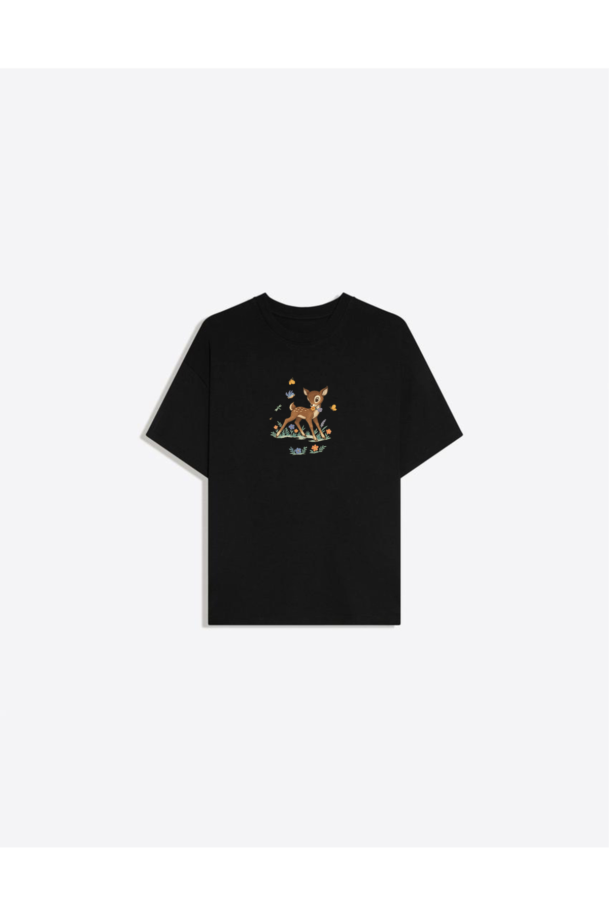 Little Deer Printed Crew Neck Oversize Trendy Women's T-shirt
