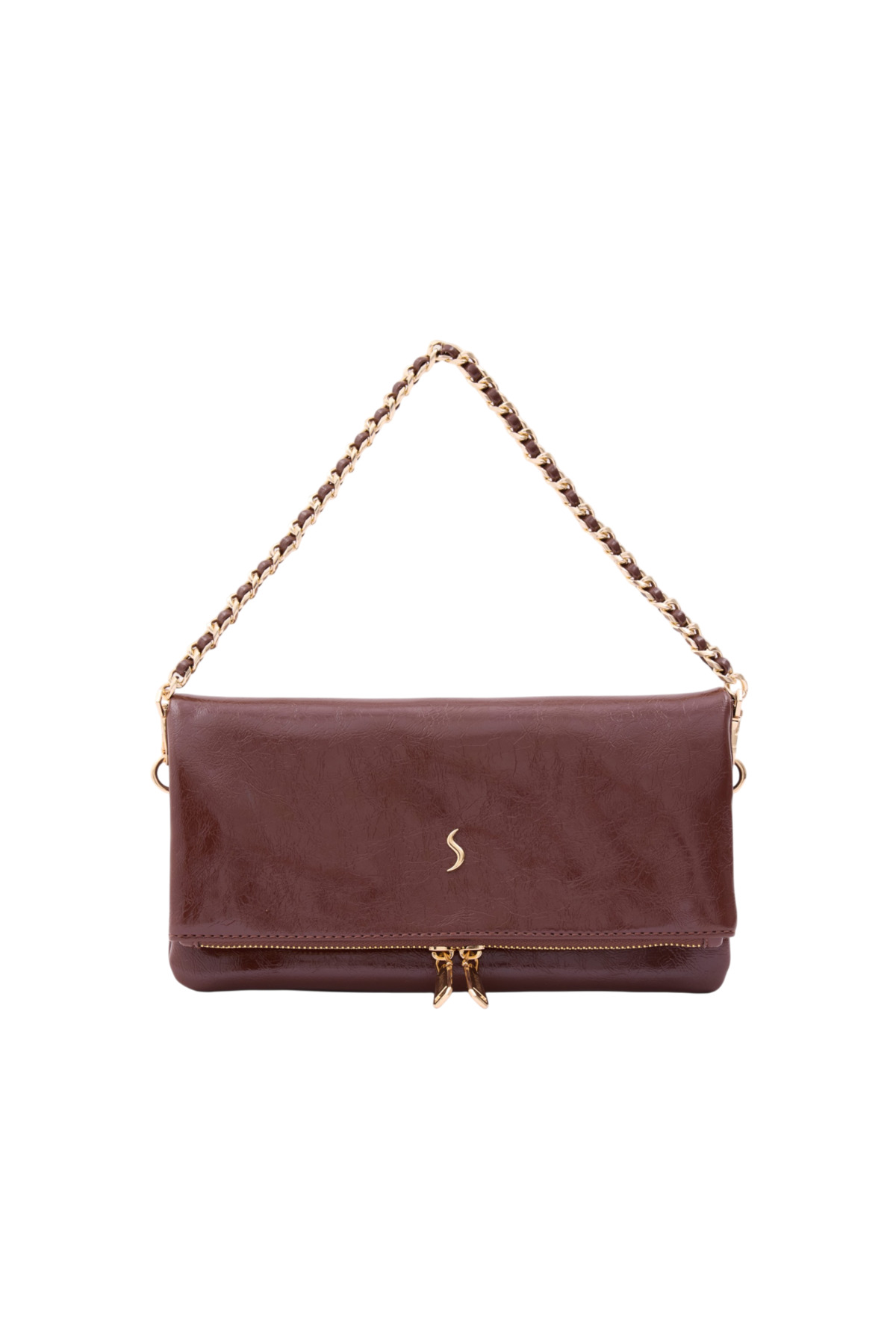 Santini Collection Kadın Çanta Çapraz Çanta Askılı Kol Çantası Omuz Çantası Çift Zincir Askılı Clutch El Çantası, Kahverengi Lior Fold