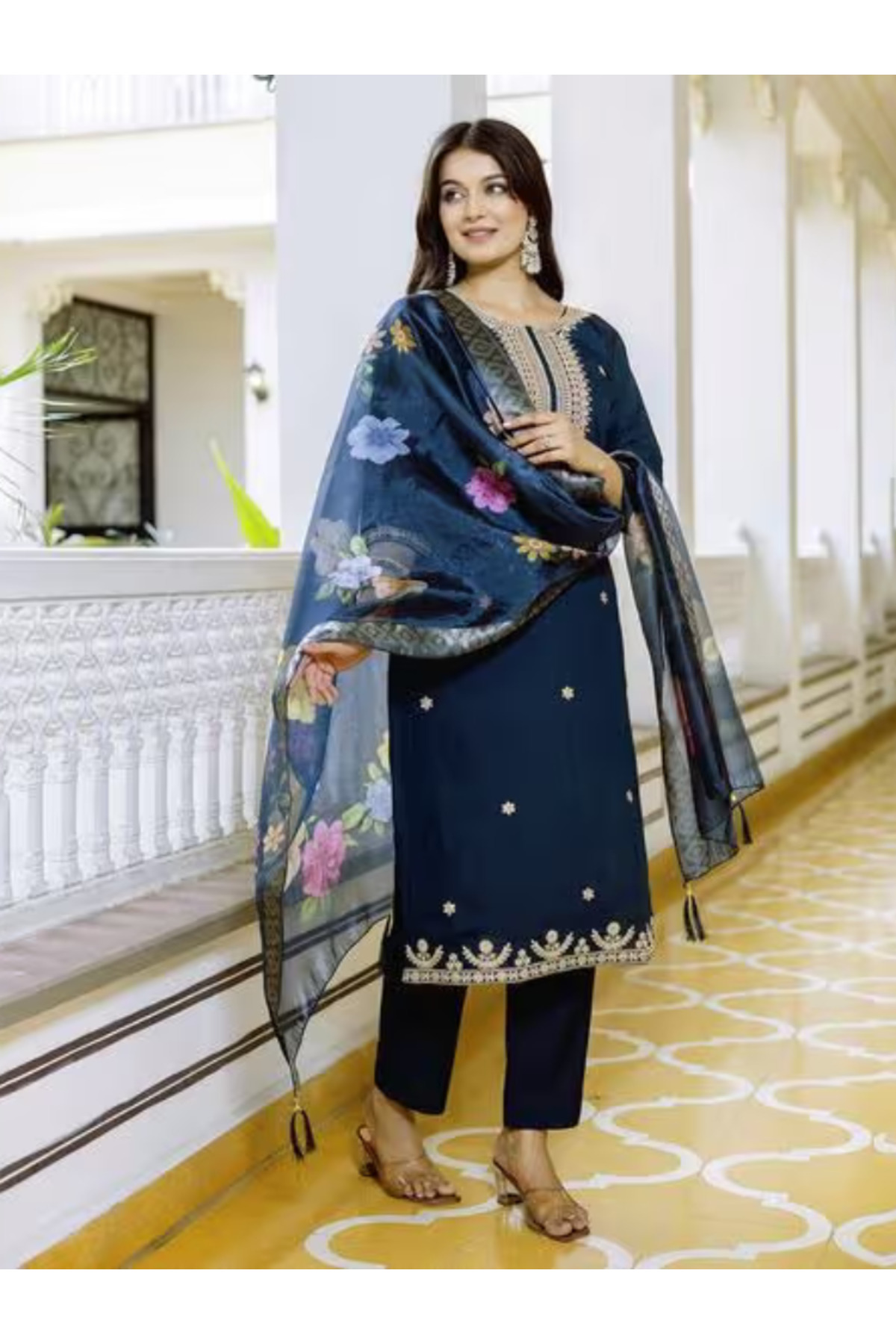 MYSMAR Navy Blue Viscose Chanderi Embroidered Kurta Set with Dupatta - FFT6905 | Blue-Size:M-38-Inches