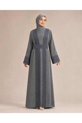 ZENYA Abaya Safir Nakış İşlemeli Kuşaklı İçlikli Tesettür Abaya