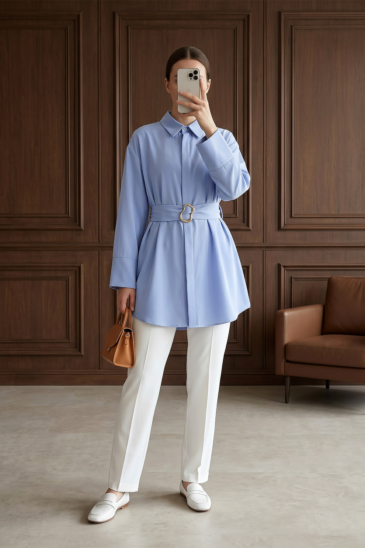 Nisa Poplin Tunic with Double Cuff and Belt - Blue