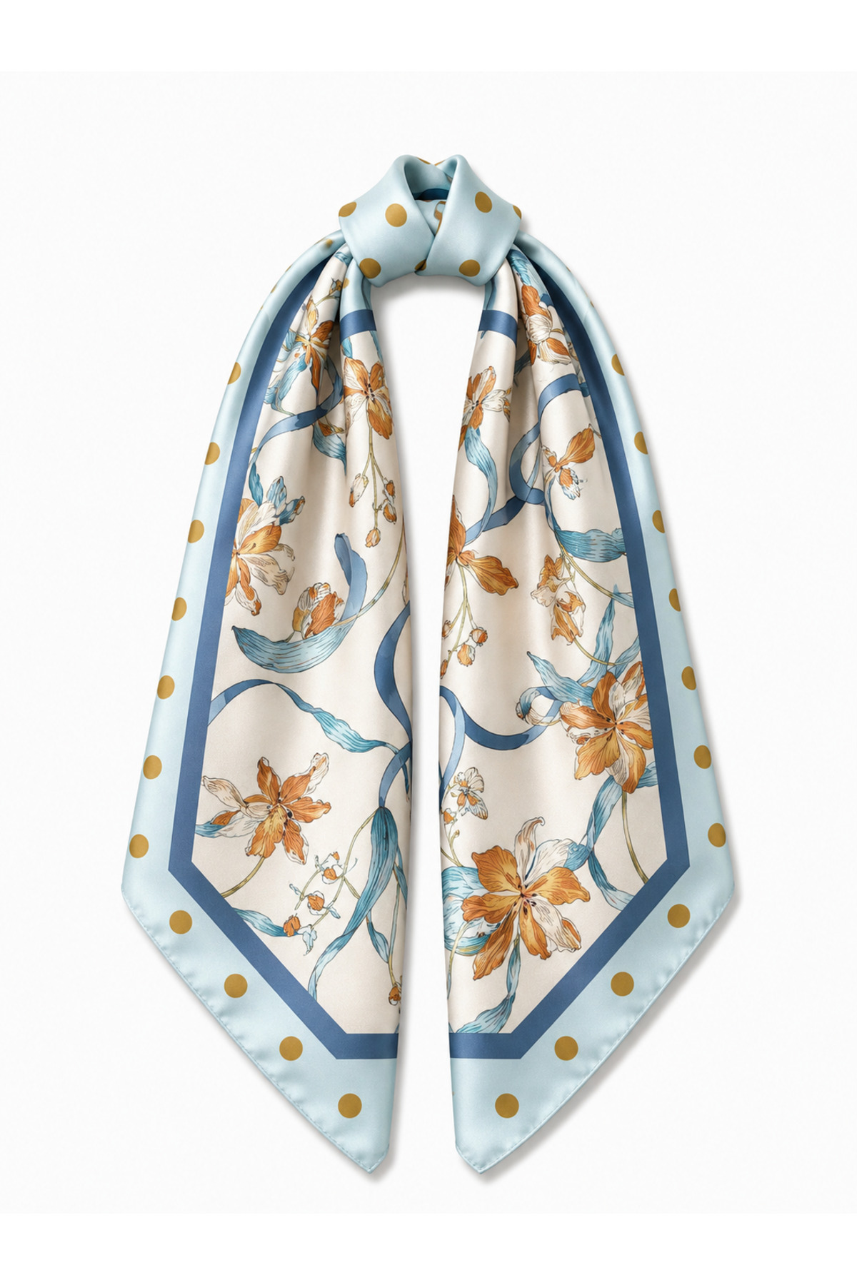 Women's Blue Floral Pattern Satin Scarf Silky Soft Polka Dot Bandana Hair Neck Bag Accessory