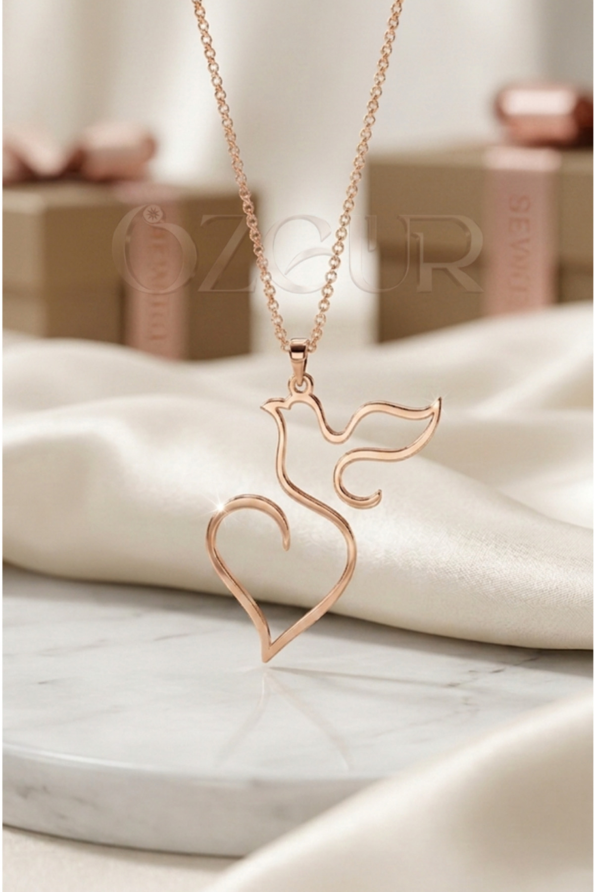 925 Ayar Gümüş Kalp ve Güvercin Figürlü Kolye - Rose / 40 cm