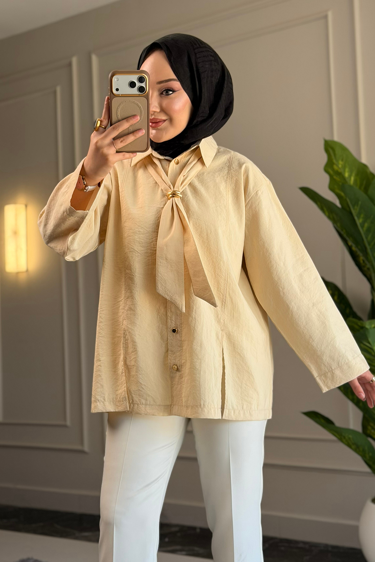 Suede Style  6463 - Şık Rahat Kravat Detaylı Dokuma Şeftali Kumaş Kadın Gömlek