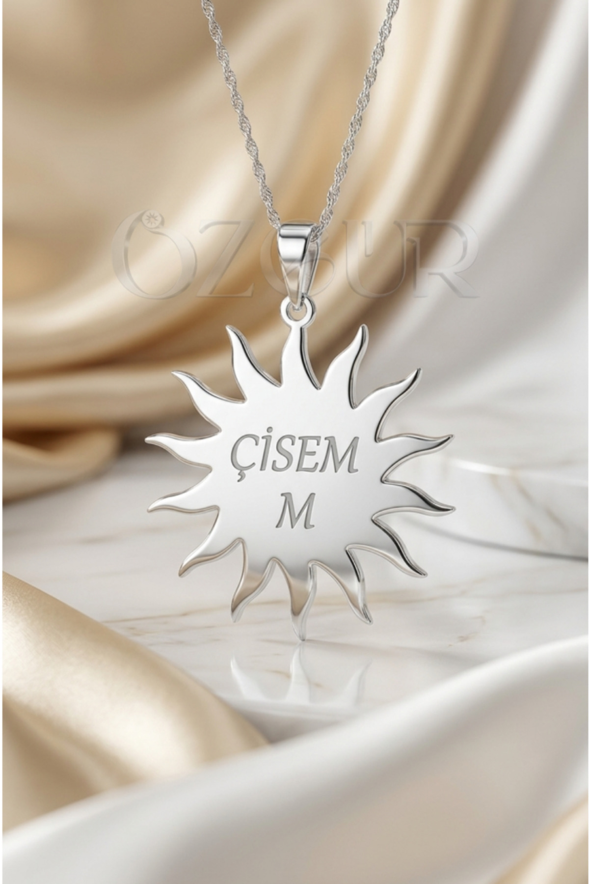 925 Ayar Gümüş İsimli Güneş Figürlü Kolye - Gümüş / 40 cm