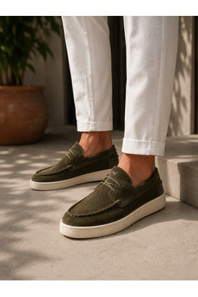 the corleone Erkek Haki Süet Casual Loafer Bağcıklı Günlük Ayakkabı