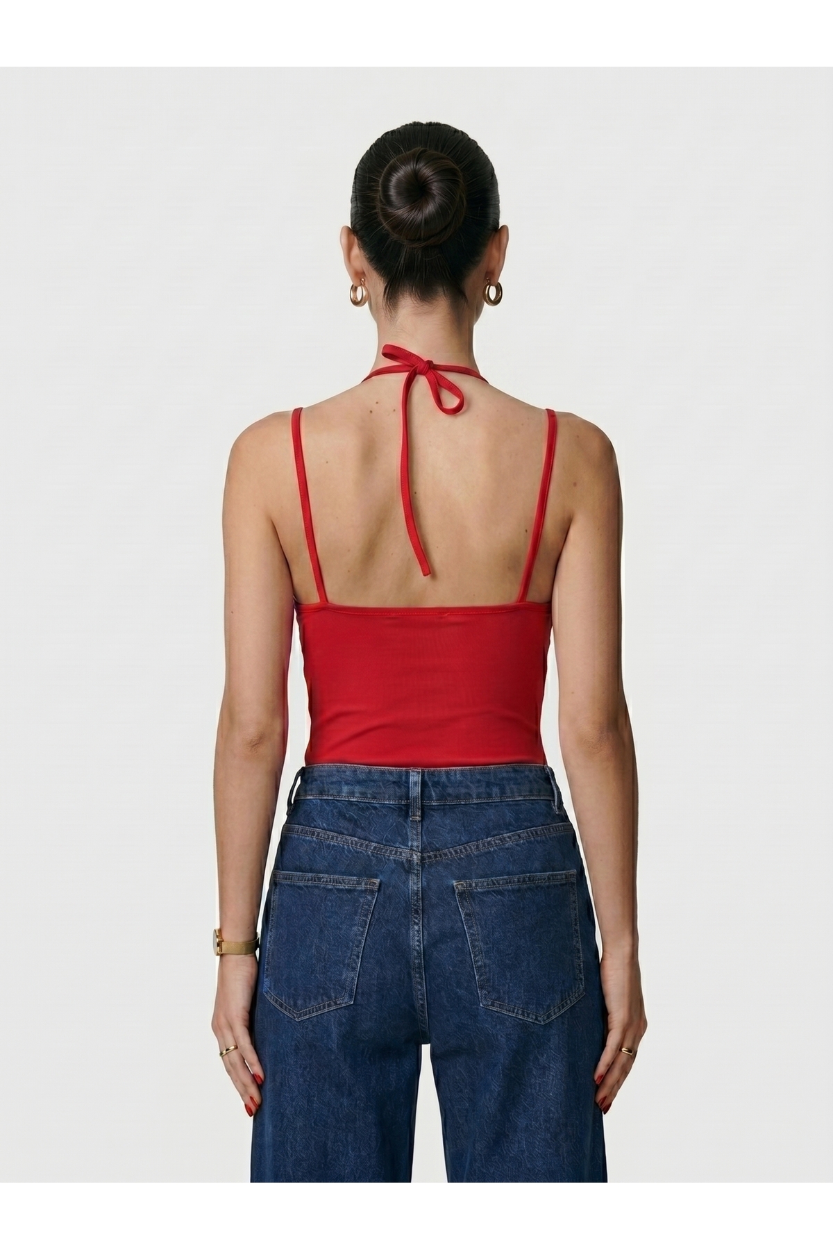 Kadın Dantel Yaka İnce Askılı Çıtçıtlı Body Slim Fit Dar Kalıp Likralı Bodysuit - Kırmızı 4