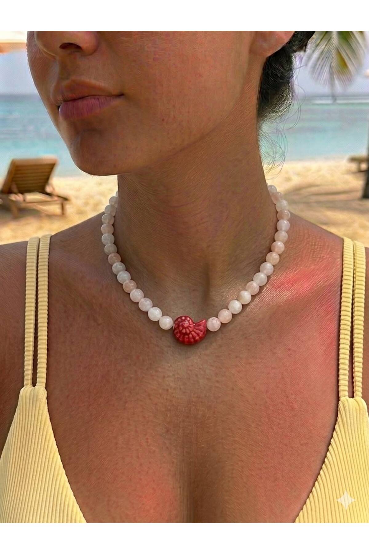 Deniz Kabuğu Charm Pembe Yazlık Doğal Taş Boncuk Kadın Kolye - Detay Görseli 1