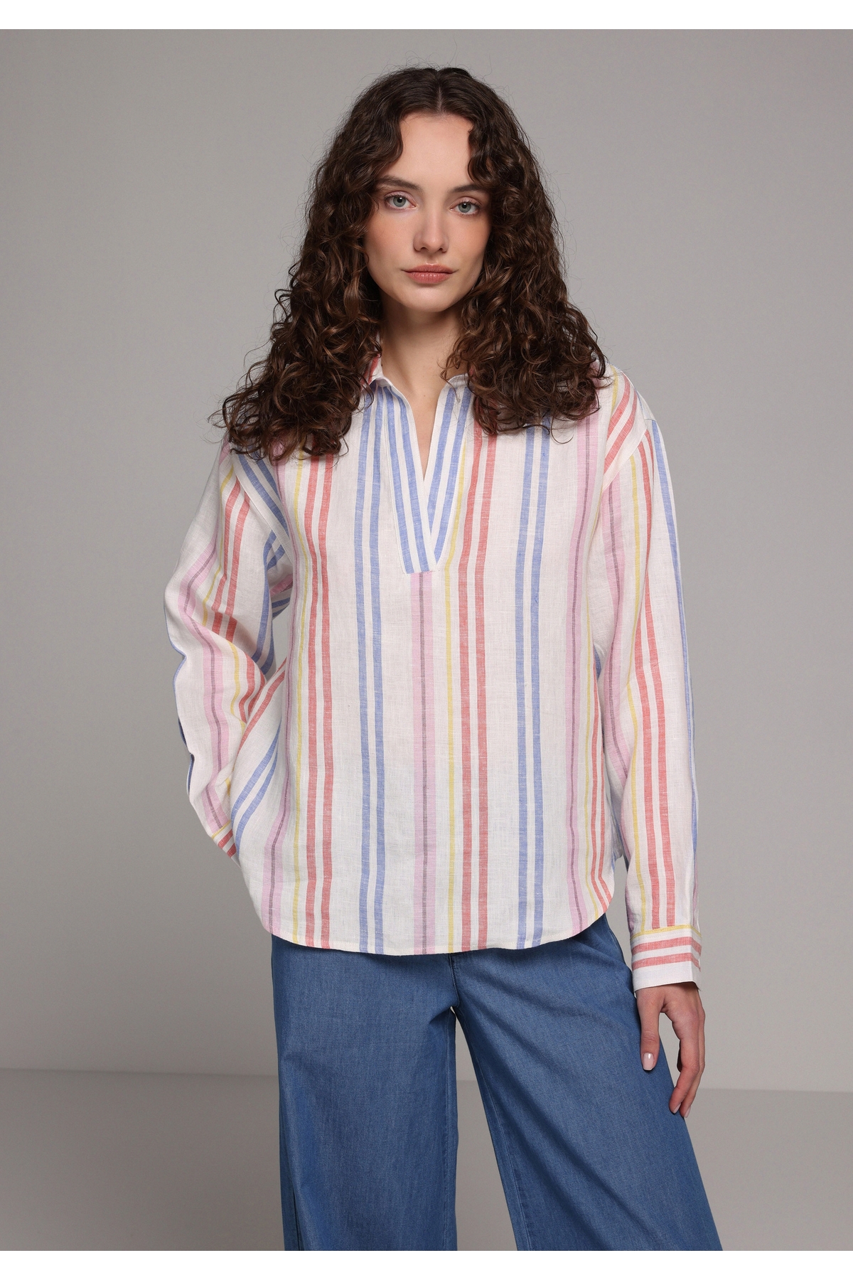 Fashion Fit Shirt Neck Çizgili Kadın Çok Renkli Uzun Kol Gömlek