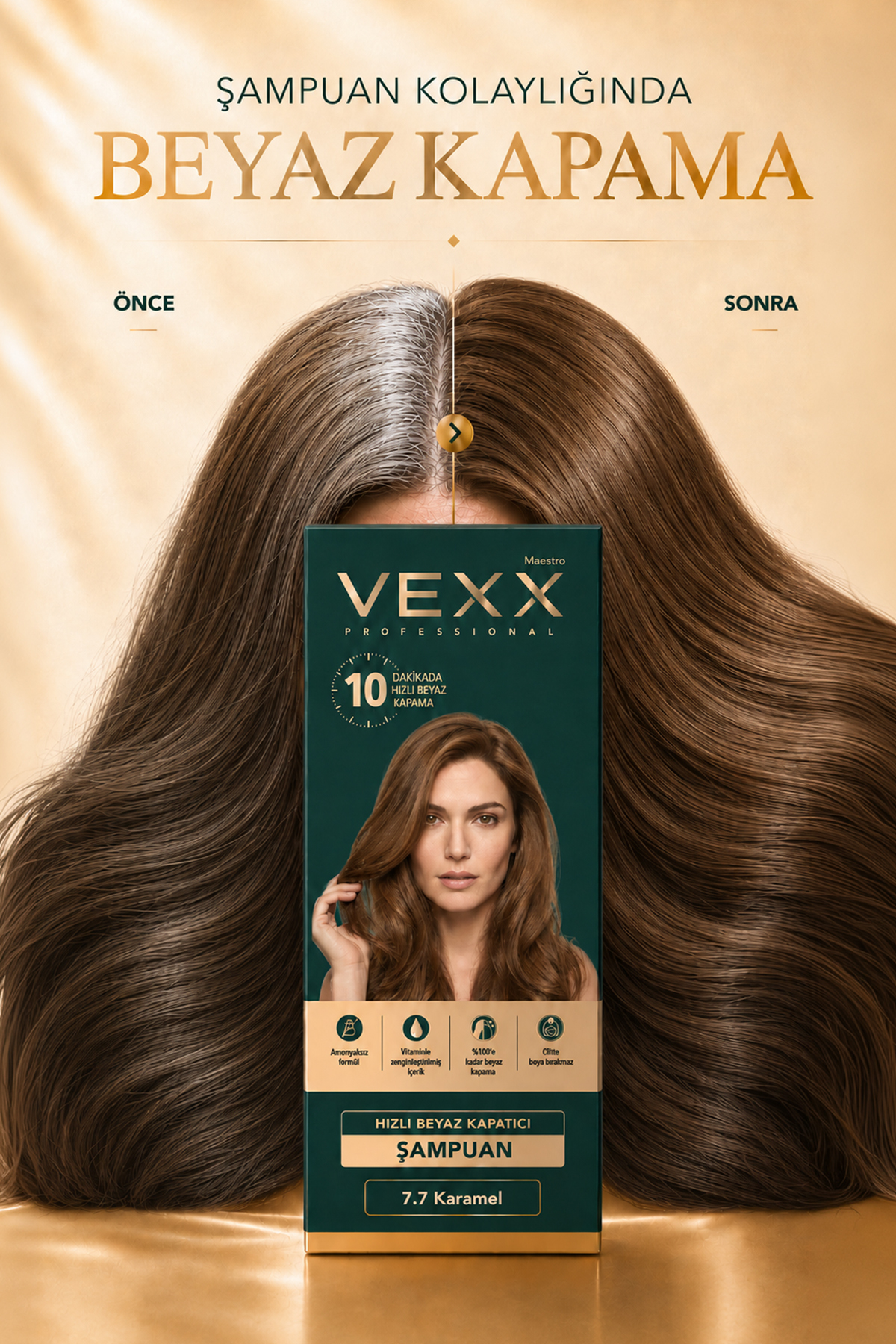 شامپو رنگ مو عملی کانسیلر سفید حرفه ای Vexx (کارامل 7.7) با فرمول 300 میلی لیتری بدون آمونیاک. — قهوه‌ای vexx34 — تصویر 2 از 6